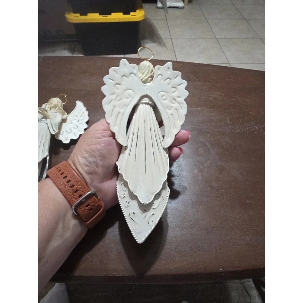 Large Set Of 2 White Color Metal Angel Ornaments. Praying And‎ Bird